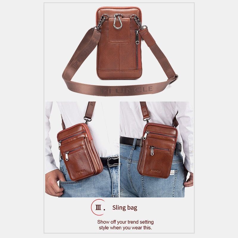 Mężczyźni Prawdziwej Skóry Bydlęcej Multi-carry Retro 7.2 Cal Telefon Crossbody Torba Wisząca Torba Na Pasek Saszetka Na Talię