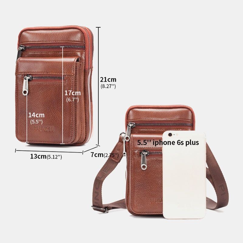 Mężczyźni Prawdziwej Skóry Bydlęcej Multi-carry Retro 7.2 Cal Telefon Crossbody Torba Wisząca Torba Na Pasek Saszetka Na Talię