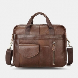 Mężczyźni Prawdziwej Skóry Multi-pocket Vintage 14 Cal Torba Na Laptop Teczki Torba Crossbody Torba Na Ramię Torebka