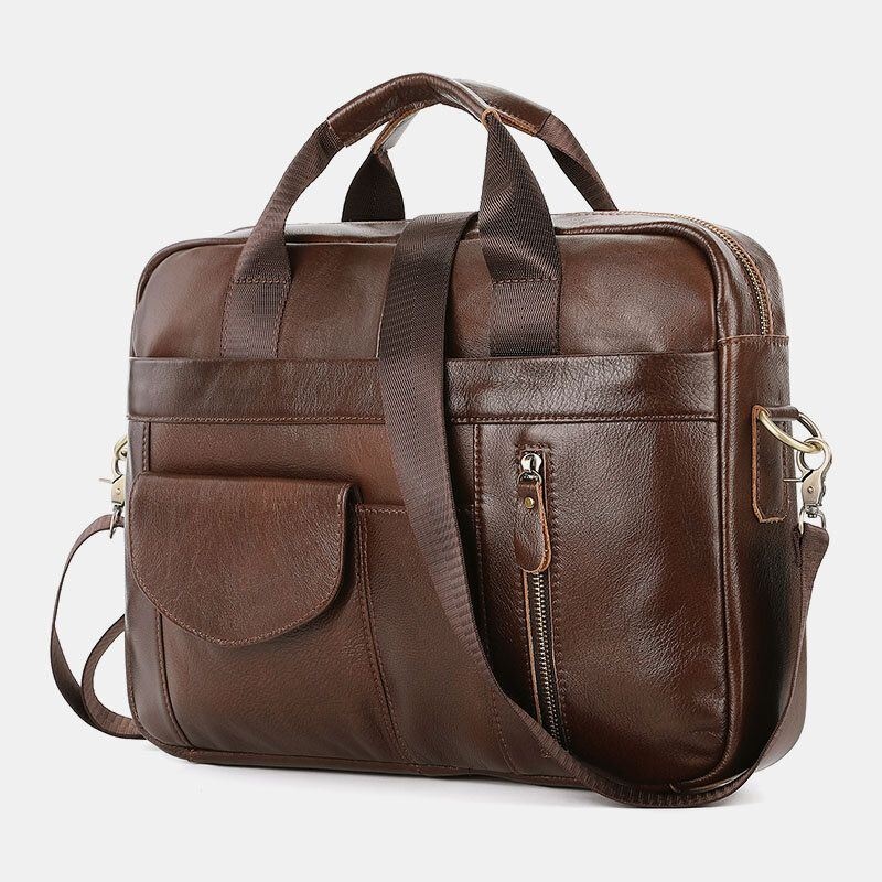 Mężczyźni Prawdziwej Skóry Multi-pocket Vintage 14 Cal Torba Na Laptop Teczki Torba Crossbody Torba Na Ramię Torebka