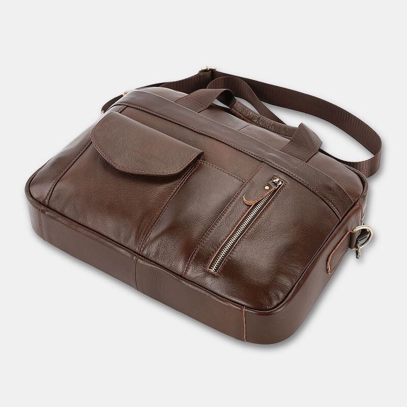 Mężczyźni Prawdziwej Skóry Multi-pocket Vintage 14 Cal Torba Na Laptop Teczki Torba Crossbody Torba Na Ramię Torebka