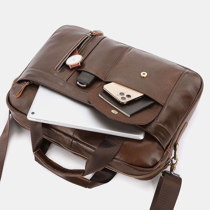 Mężczyźni Prawdziwej Skóry Multi-pocket Vintage 14 Cal Torba Na Laptop Teczki Torba Crossbody Torba Na Ramię Torebka