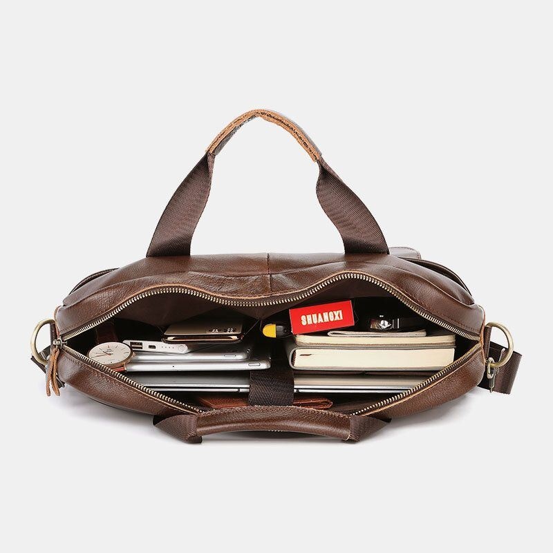 Mężczyźni Prawdziwej Skóry Multi-pocket Vintage 14 Cal Torba Na Laptop Teczki Torba Crossbody Torba Na Ramię Torebka