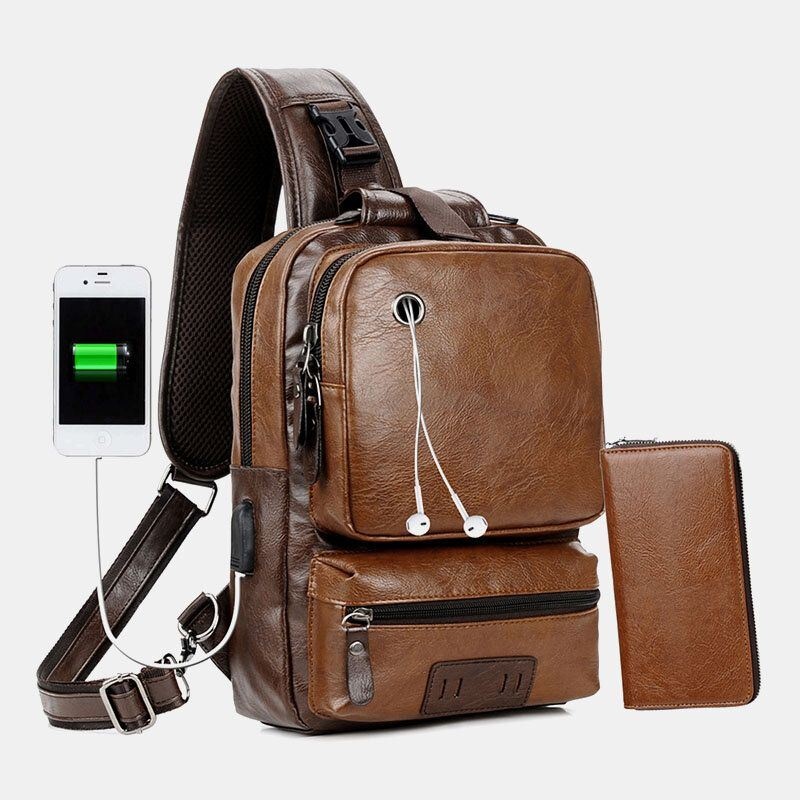 Mężczyźni Pu Leather Vintage Wielofunkcyjny Otwór Na Słuchawki Usb Ładowanie Crossbody Bag Torba Na Klatkę Piersiową Sling Bag