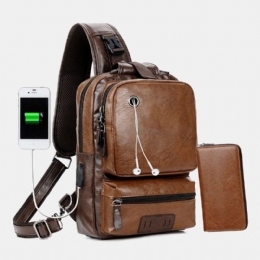 Mężczyźni Pu Leather Vintage Wielofunkcyjny Otwór Na Słuchawki Usb Ładowanie Crossbody Bag Torba Na Klatkę Piersiową Sling Bag