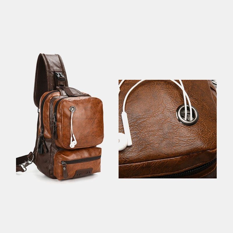 Mężczyźni Pu Leather Vintage Wielofunkcyjny Otwór Na Słuchawki Usb Ładowanie Crossbody Bag Torba Na Klatkę Piersiową Sling Bag