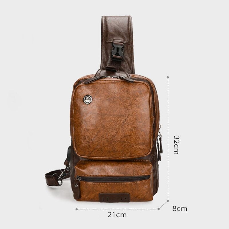 Mężczyźni Pu Leather Vintage Wielofunkcyjny Otwór Na Słuchawki Usb Ładowanie Crossbody Bag Torba Na Klatkę Piersiową Sling Bag