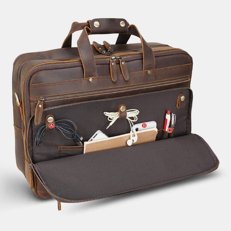 Mężczyźni Pu Skóra Wielofunkcyjna Duża Pojemność Vintage 14 Cal Torba Na Laptopa Wielowarstwowa Teczka Torebka Torba Crossbody