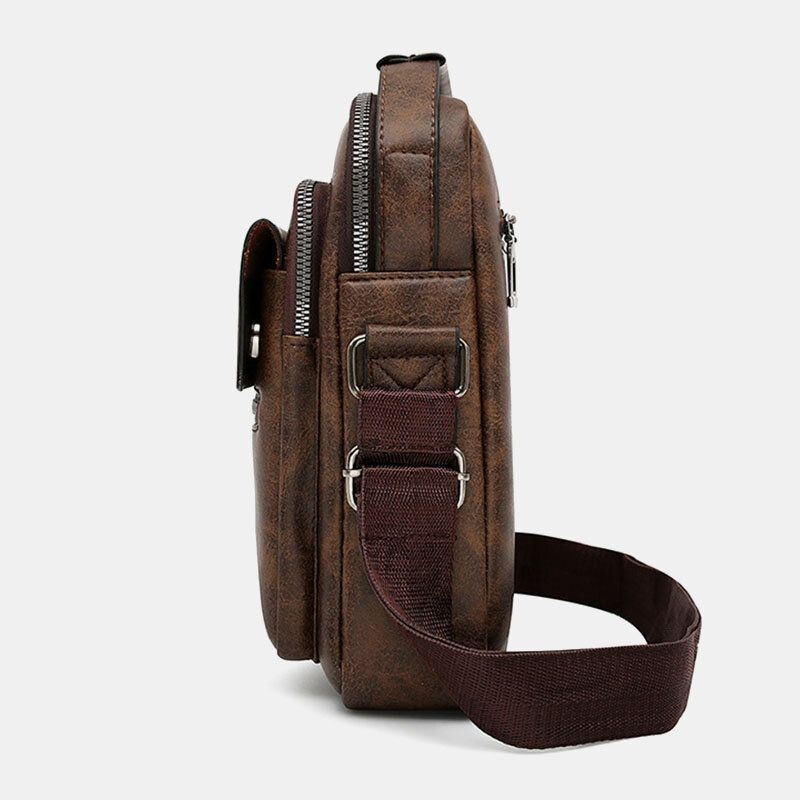 Mężczyźni Tekstury Zamek Decor Crossbody Torba Pu Skóra Vintage Multi-kieszeni Torba Na Ramię Torebka