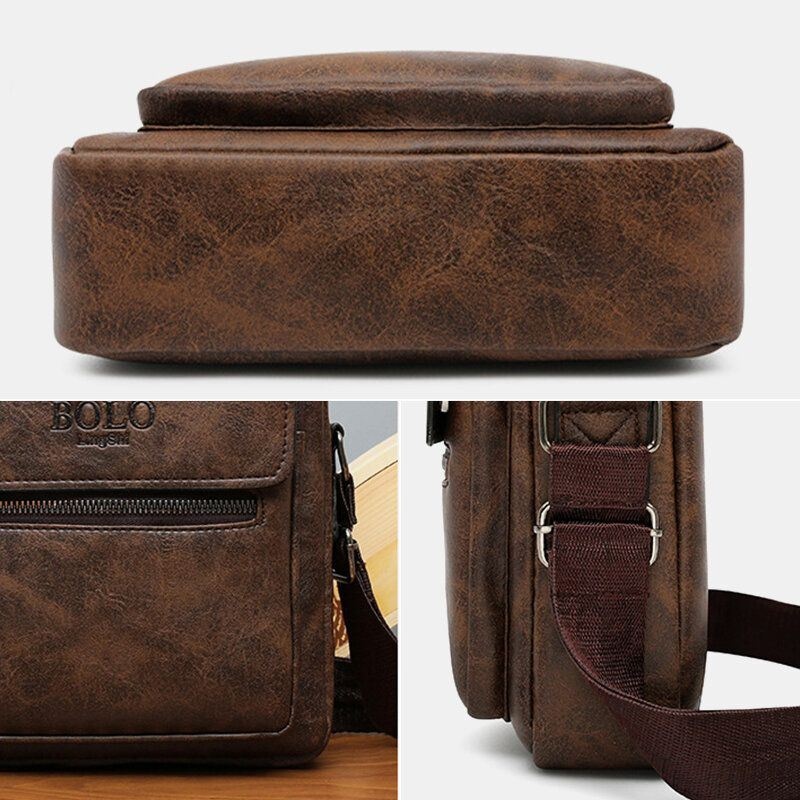 Mężczyźni Tekstury Zamek Decor Crossbody Torba Pu Skóra Vintage Multi-kieszeni Torba Na Ramię Torebka