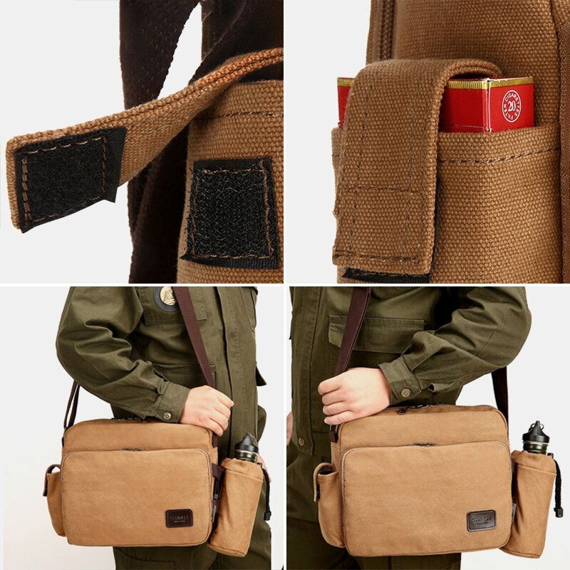 Mężczyźni Vintage Canvas Duża Pojemność Wielofunkcyjna Kieszeń Na Butelkę Wody Torba Crossbody Dorywcza Torba Na Ramię