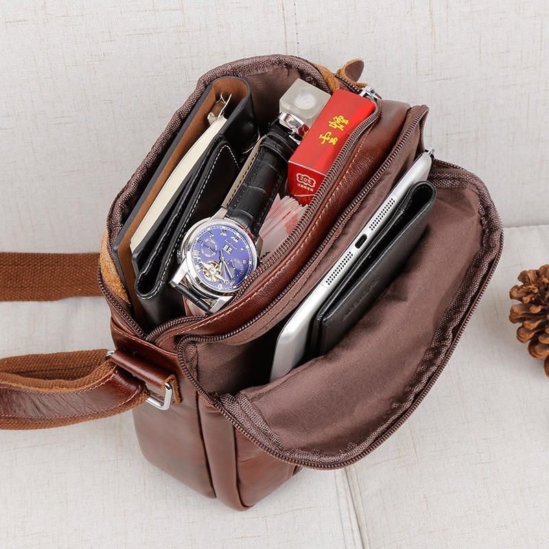 Męska Brązowa Skórzana Torba Na Ramię Messenger Crossbody Teczka Sling Bag Na Ipada Mini