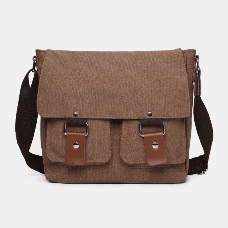 Męska Podwójna Przednia Kieszeń Duża Pojemność Crossbody Torba Retro Canvas Pozioma Jednokolorowa Torba Na Ramię Antykradzieżowa