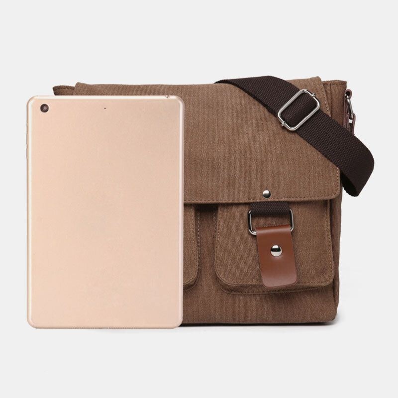 Męska Podwójna Przednia Kieszeń Duża Pojemność Crossbody Torba Retro Canvas Pozioma Jednokolorowa Torba Na Ramię Antykradzieżowa