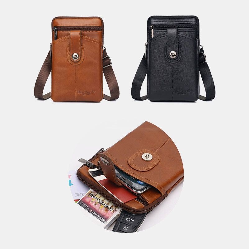 Męska Skórzana W Stylu Vintage Wielofunkcyjna 6.5-calowa Torba Na Telefon Z Zamkiem Błyskawicznym Torba Na Ramię Crossbody Torba Na Talię