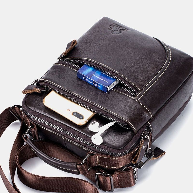 Męska Torba Wielofunkcyjna Ze Skóry Bydlęcej Z Podwójną Kieszenią Na Zamek Błyskawiczny Crossbody Shoulder Bag