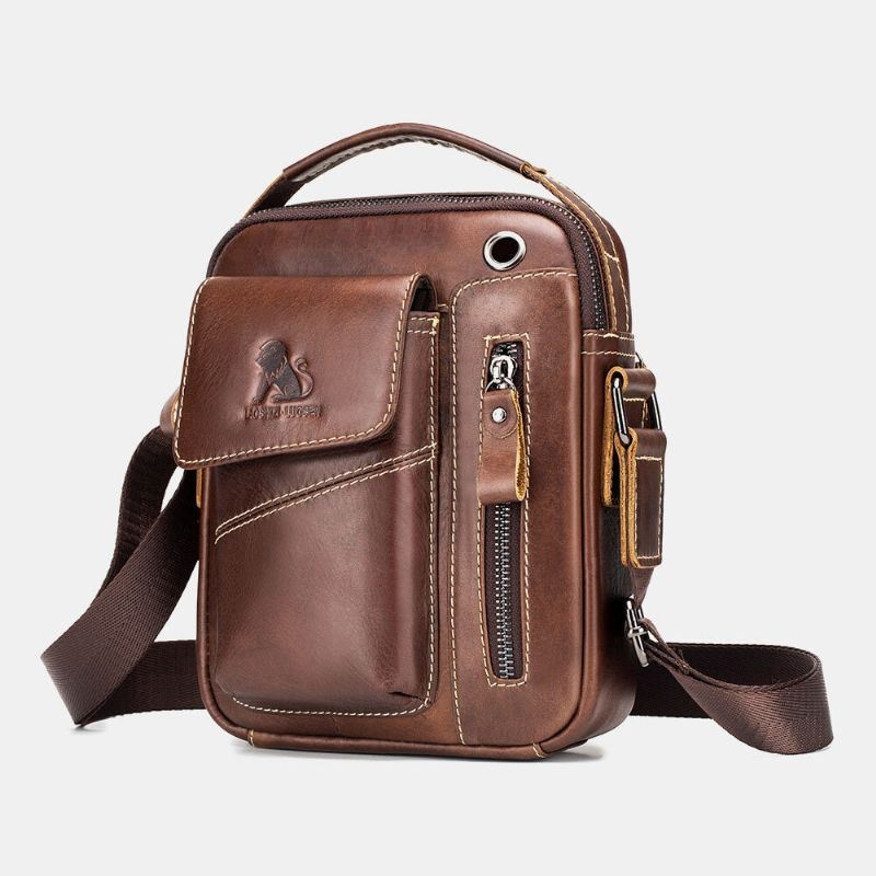 Męska Torba Z Prawdziwej Skóry Odporna Na Zużycie Otwór Na Słuchawki Z Wieloma Kieszeniami Torba Na Ramię W Stylu Vintage Crossbody