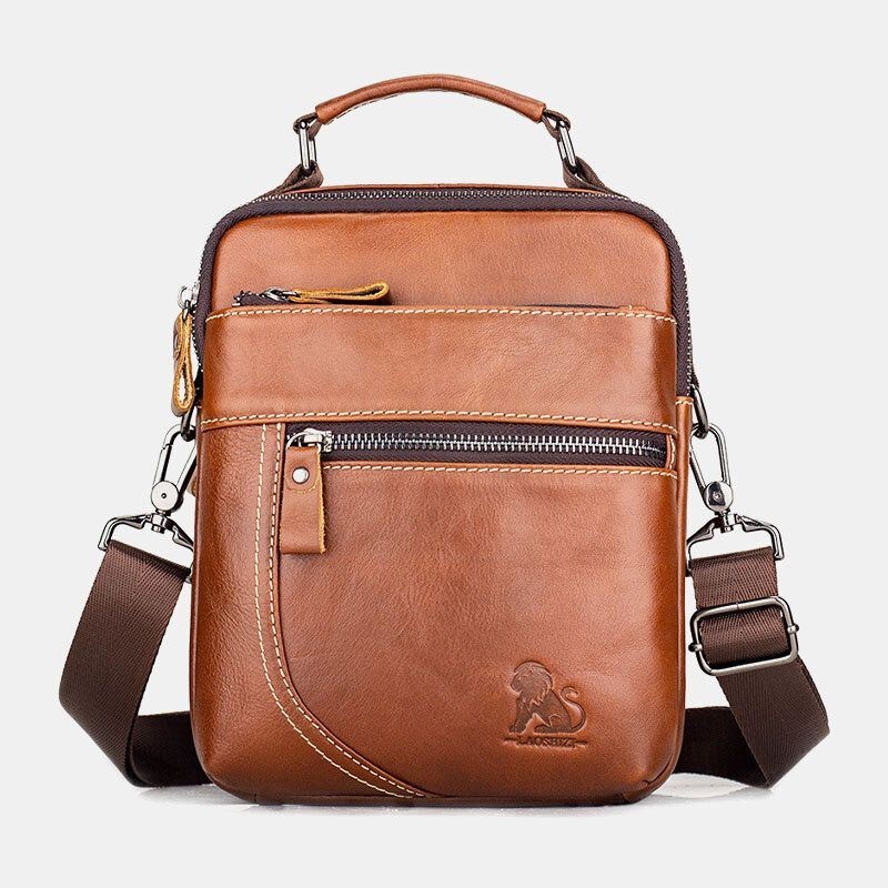 Męska Torba Z Prawdziwej Skóry Retro Business Casual Solid Color Skórzana Torba Na Ramię Crossbody Bag