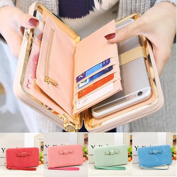 Kobiety Candy Color Bowkot 5.5 Cal Portfele Na Telefon Etui Hasp Long Purse Clutches