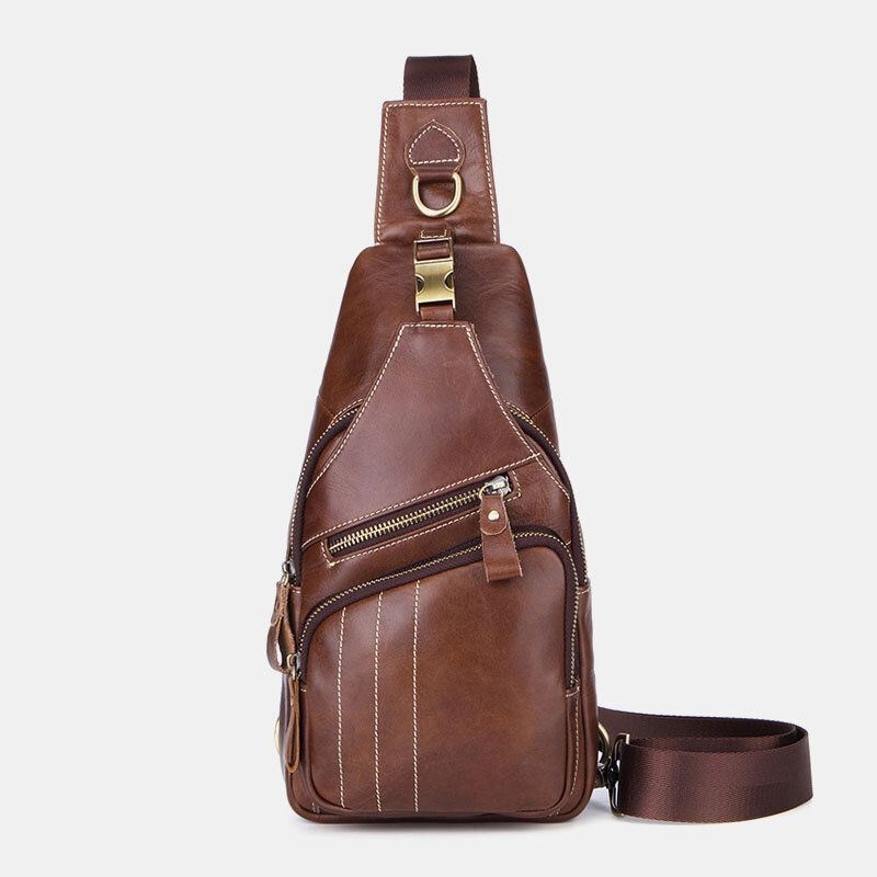 Mężczyźni Prawdziwa Skóra Retro Business Casual Solid Color Skórzana Torba Na Ramię Torba Crossbody Torba Na Klatkę Piersiową