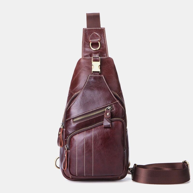 Mężczyźni Prawdziwa Skóra Retro Business Casual Solid Color Skórzana Torba Na Ramię Torba Crossbody Torba Na Klatkę Piersiową