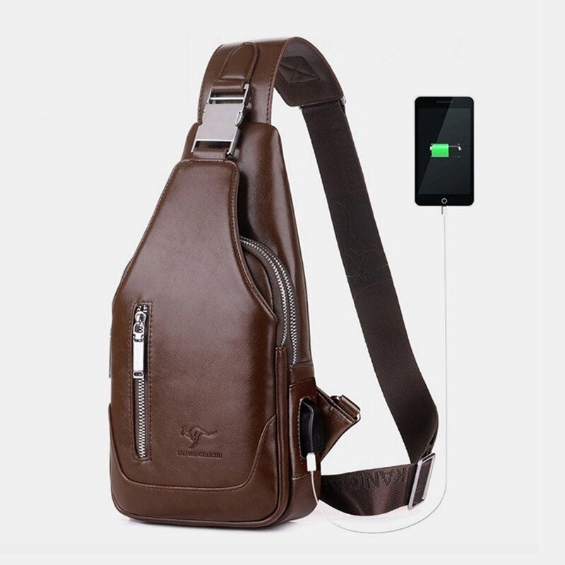 Mężczyźni Pu Leather Business Casual Outdoor Wodoodporna Torba Na Ramię Crossbody Torba Na Klatkę Piersiową Z Ładowaniem Usb