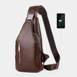 Mężczyźni Pu Leather Business Casual Outdoor Wodoodporna Torba Na Ramię Crossbody Torba Na Klatkę Piersiową Z Ładowaniem Usb