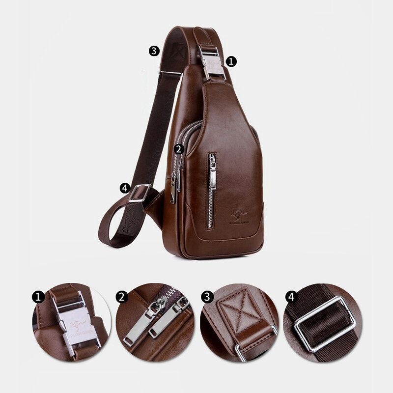 Mężczyźni Pu Leather Business Casual Outdoor Wodoodporna Torba Na Ramię Crossbody Torba Na Klatkę Piersiową Z Ładowaniem Usb