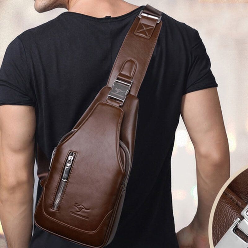 Mężczyźni Pu Leather Business Casual Outdoor Wodoodporna Torba Na Ramię Crossbody Torba Na Klatkę Piersiową Z Ładowaniem Usb