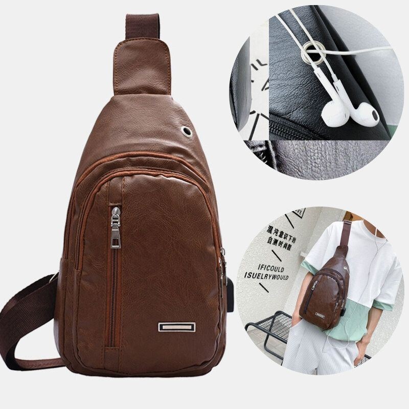 Mężczyźni Pu Skórzany Otwór Na Słuchawki Multi-carry Wodoodporna Torba Crossbody Torba Na Klatkę Piersiową Torba Na Ramię