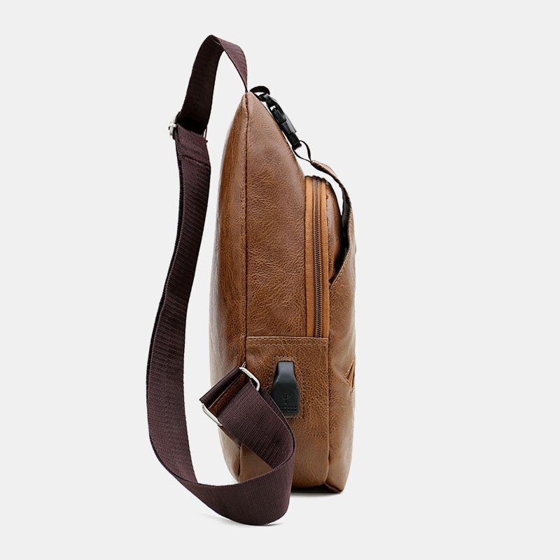 Męska Faux Leather Usb Ładowanie Słuchawki Travel Retro Biznesowa Torba Na Klatkę Piersiową Crossbody Bag