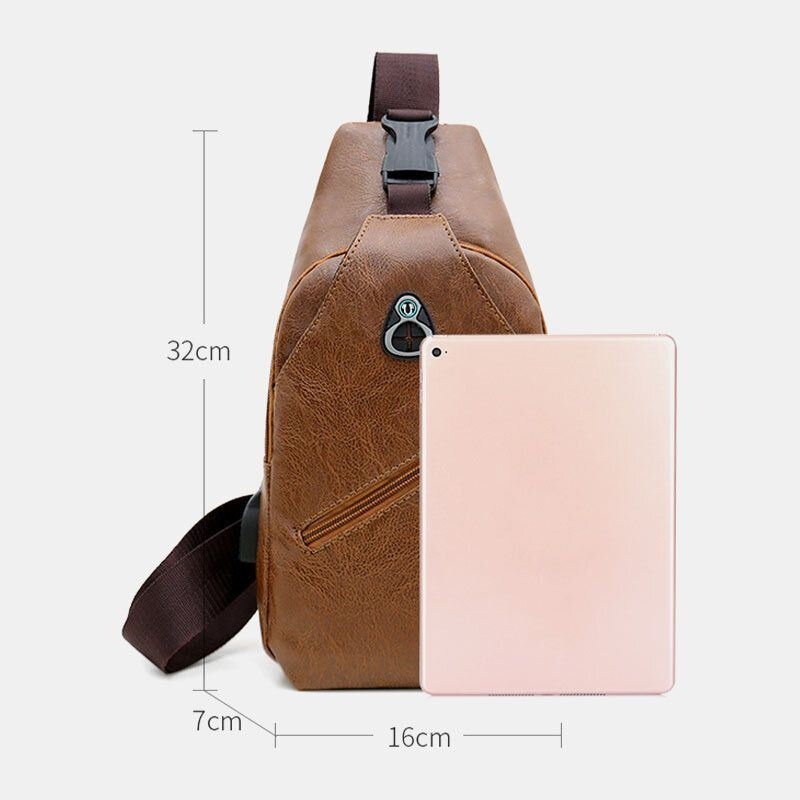 Męska Faux Leather Usb Ładowanie Słuchawki Travel Retro Biznesowa Torba Na Klatkę Piersiową Crossbody Bag