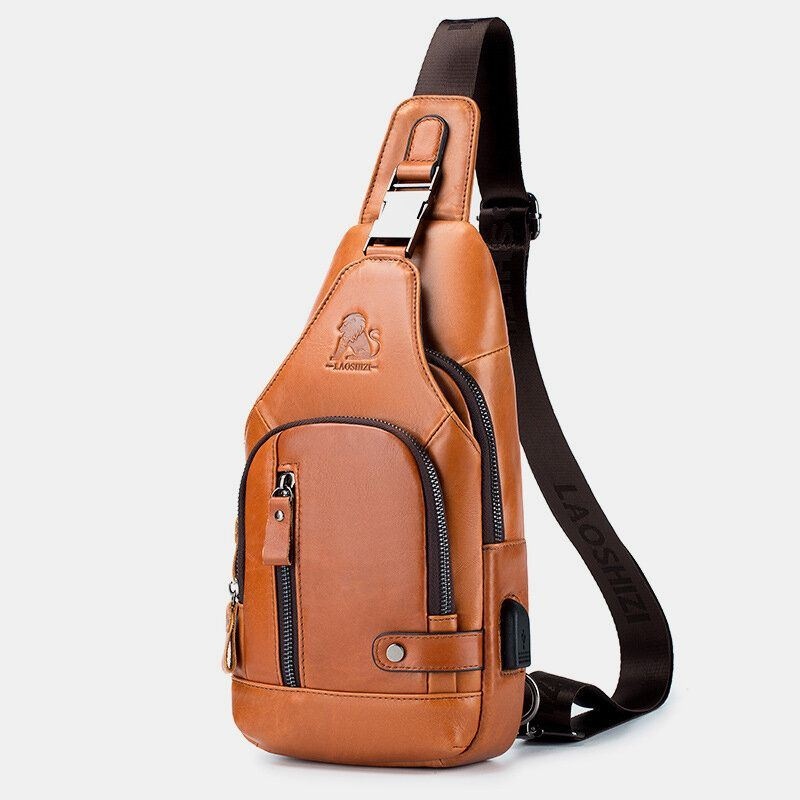 Męska Torba Ze Skóry Wołowej Z Wieloma Kieszeniami Usb Do Ładowania Na Klatkę Piersiową Outdoor Travel Anti-theft Crossbody Torba Na Ramię