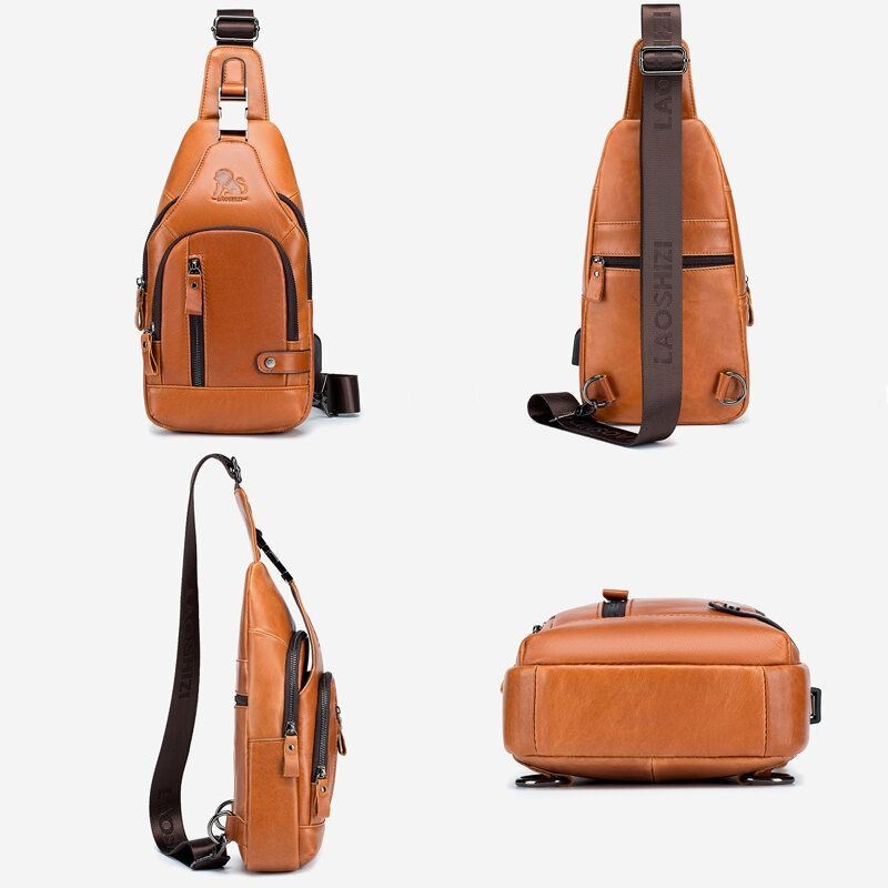 Męska Torba Ze Skóry Wołowej Z Wieloma Kieszeniami Usb Do Ładowania Na Klatkę Piersiową Outdoor Travel Anti-theft Crossbody Torba Na Ramię