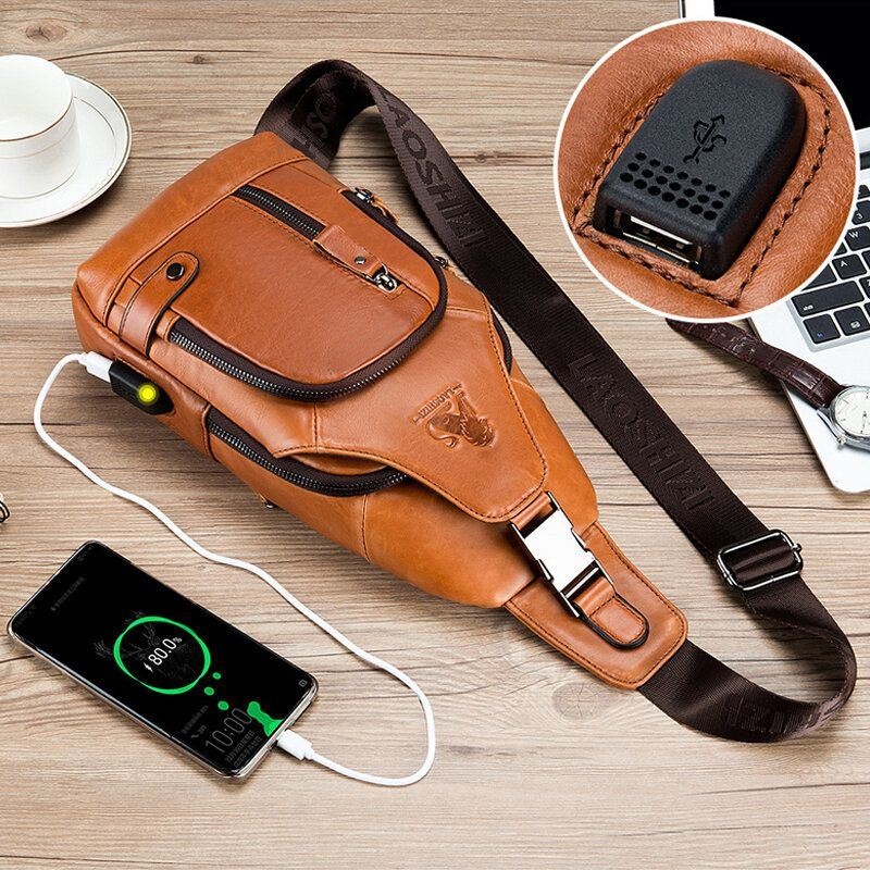 Męska Torba Ze Skóry Wołowej Z Wieloma Kieszeniami Usb Do Ładowania Na Klatkę Piersiową Outdoor Travel Anti-theft Crossbody Torba Na Ramię