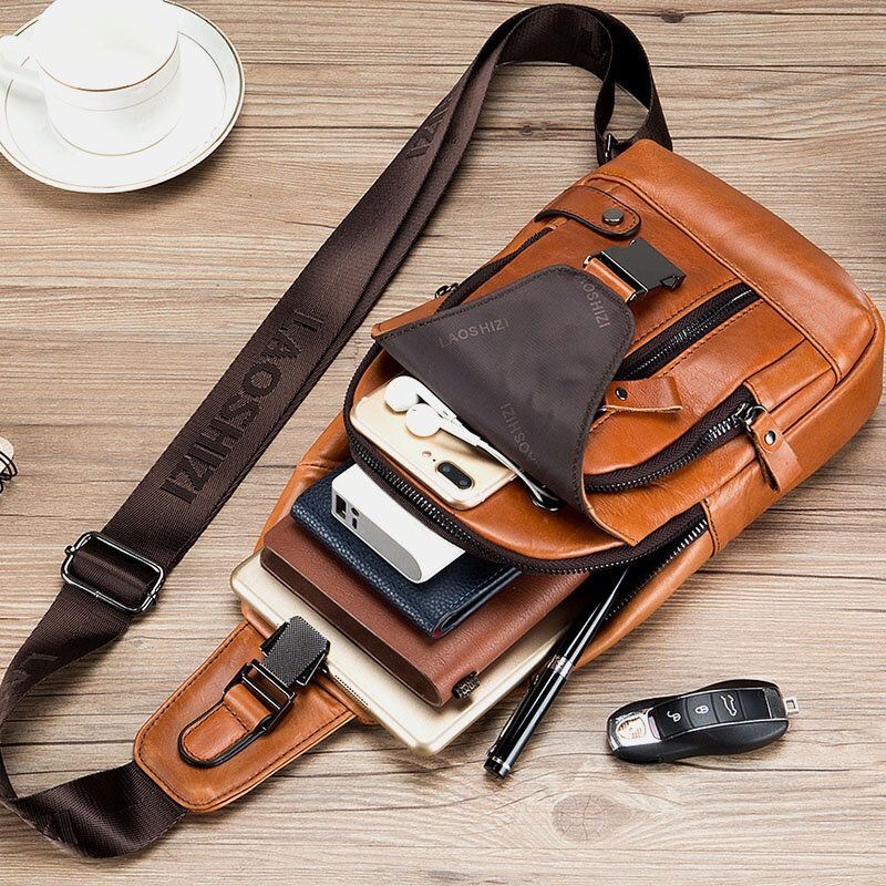 Męska Torba Ze Skóry Wołowej Z Wieloma Kieszeniami Usb Do Ładowania Na Klatkę Piersiową Outdoor Travel Anti-theft Crossbody Torba Na Ramię