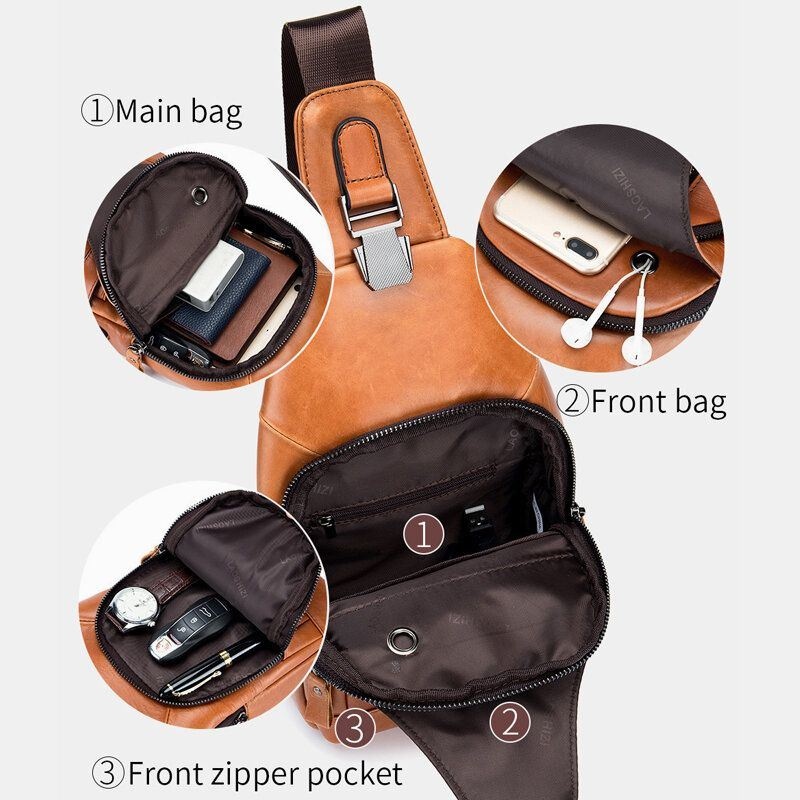 Męska Torba Ze Skóry Wołowej Z Wieloma Kieszeniami Usb Do Ładowania Na Klatkę Piersiową Outdoor Travel Anti-theft Crossbody Torba Na Ramię