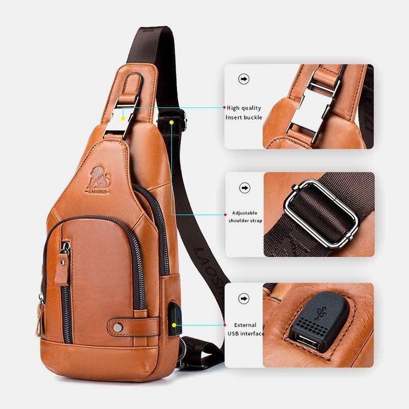 Męska Torba Ze Skóry Wołowej Z Wieloma Kieszeniami Usb Do Ładowania Na Klatkę Piersiową Outdoor Travel Anti-theft Crossbody Torba Na Ramię