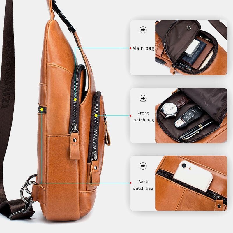 Męska Torba Ze Skóry Wołowej Z Wieloma Kieszeniami Usb Do Ładowania Na Klatkę Piersiową Outdoor Travel Anti-theft Crossbody Torba Na Ramię