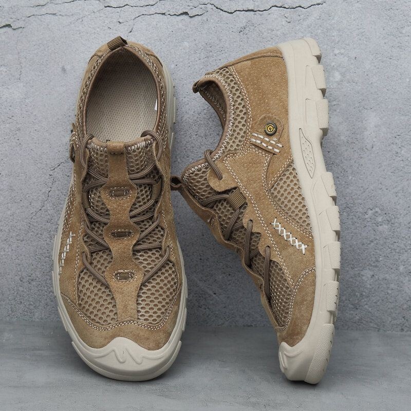 Mężczyźni Mesh Skóra Łączenie Oddychająca Antypoślizgowa Miękka Podeszwa Outdoor Casual Sneakers