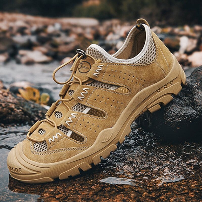 Mężczyźni Prawdziwej Skóry Oddychające Puste Siatki Outdoor Hiking Sneakers