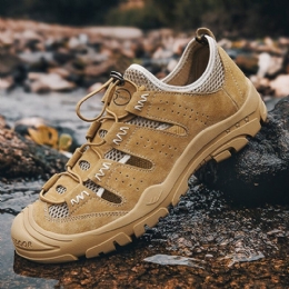 Mężczyźni Prawdziwej Skóry Oddychające Puste Siatki Outdoor Hiking Sneakers