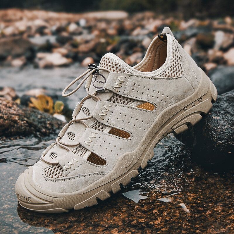 Mężczyźni Prawdziwej Skóry Oddychające Puste Siatki Outdoor Hiking Sneakers