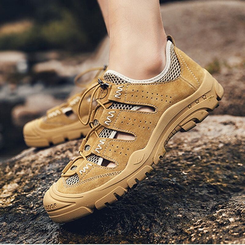 Mężczyźni Prawdziwej Skóry Oddychające Puste Siatki Outdoor Hiking Sneakers